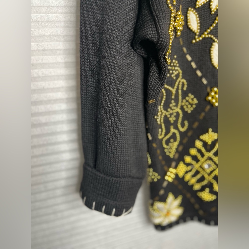 Vintage Victoria Harbour Cardigan Knit Beaded Sweater Black Gold Y2K L - Picture 10 of 13